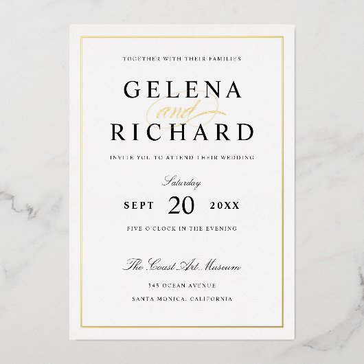 Elegante Schwarz-Gold-Hochzeitsreise Folieneinladung (Vorderseite)