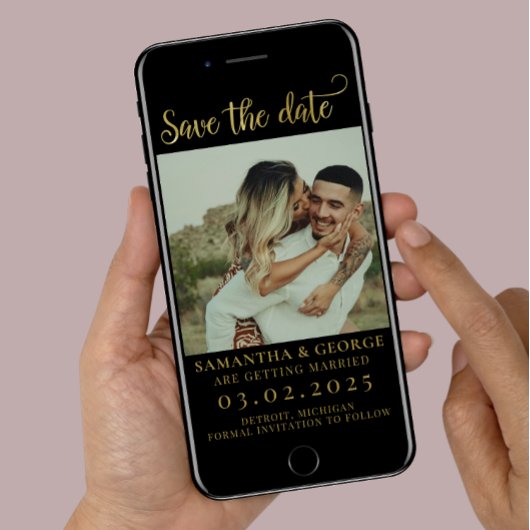 Elegante Schwarz-Gold-Kalligrafie Save the Date Einladung