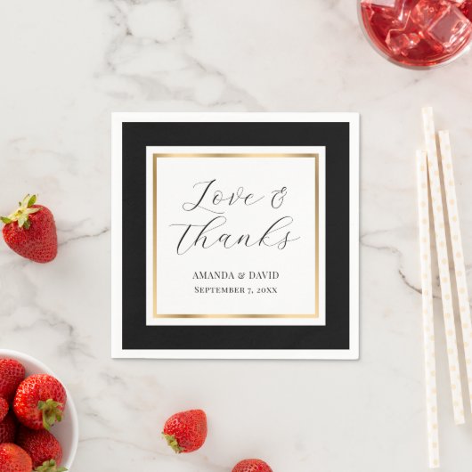 Elegante Schwarz-Gold-Liebe und Dank für Hochzeite Serviette (Beispiel)