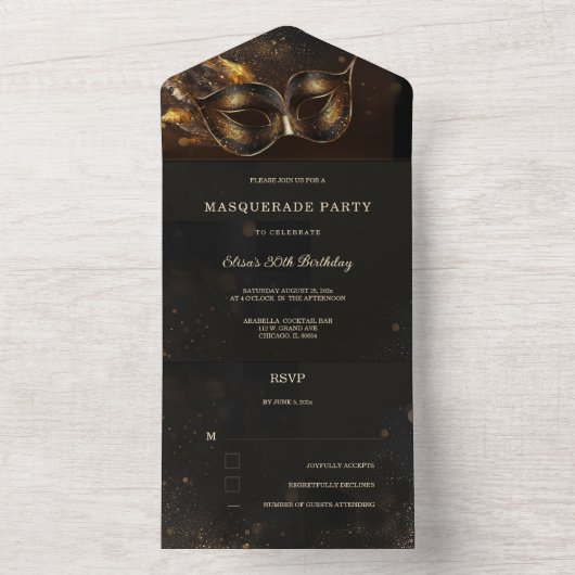 Elegante Schwarz-Gold-Masquerade mit UAWG All In One Einladung (Innen Boden)