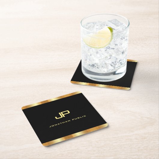 Elegante Schwarz-Gold-Moderne Monogramm-Vorlage Rechteckiger Pappuntersetzer (Vor Ort)