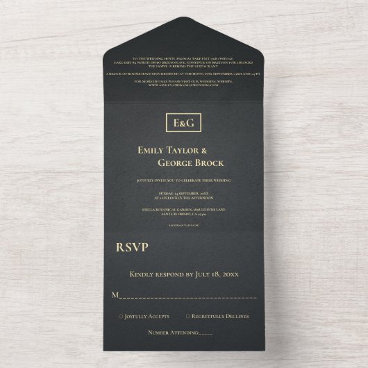 Elegante Schwarz-Gold-Monogram-Rustikale Hochzeit All In One Einladung (Innen Boden)