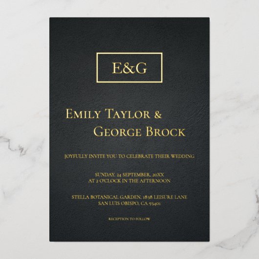 Elegante Schwarz-Gold-Monogram-Rustikale Hochzeit Folieneinladung (Vorderseite)