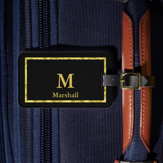 Elegante Schwarz/Gold Monogramm und Namensvorlage Gepäckanhänger (Vorderseite Insitu 4)
