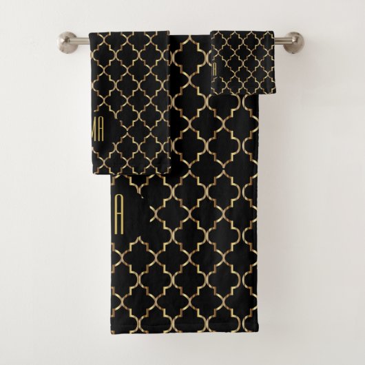 Elegante Schwarz-Gold-Quatrefolien-Muster Badhandtuch Set (Insitu)