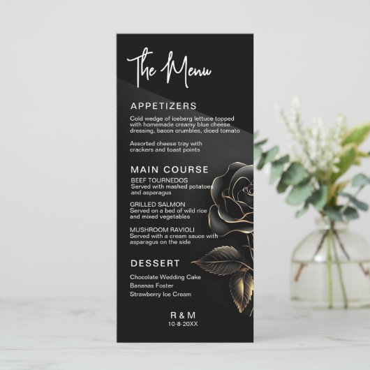 Elegante Schwarz-Gold-Rose Hochzeit Menükarte (Stehend Vorderseite)