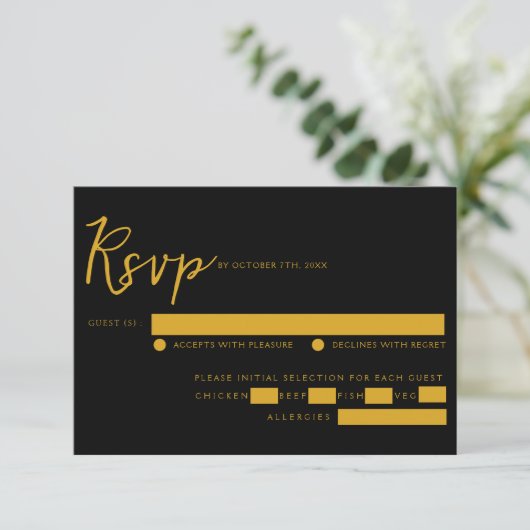 Elegante Schwarz-Gold-Script-Auswahl RSVP Karte (Stehend Vorderseite)
