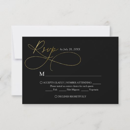 Elegante Schwarz-Gold-Script-Hochzeit RSVP Karte (Vorderseite)