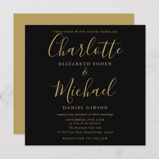 Elegante Schwarz-Gold-Signatur-Script-Hochzeit Einladung (Vorne/Hinten)