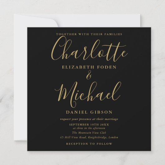 Elegante Schwarz-Gold-Signatur-Script-Hochzeit Einladung (Vorderseite)