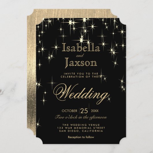 Elegante Schwarz-Gold-Starlights Hochzeit Einladung (Vorne/Hinten)