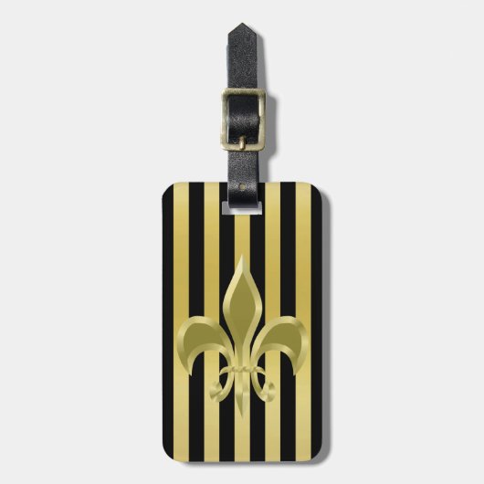 Elegante Schwarz-Gold Streifen mit Fleur-de-Lis Gepäckanhänger (Vorderseite vertikal)