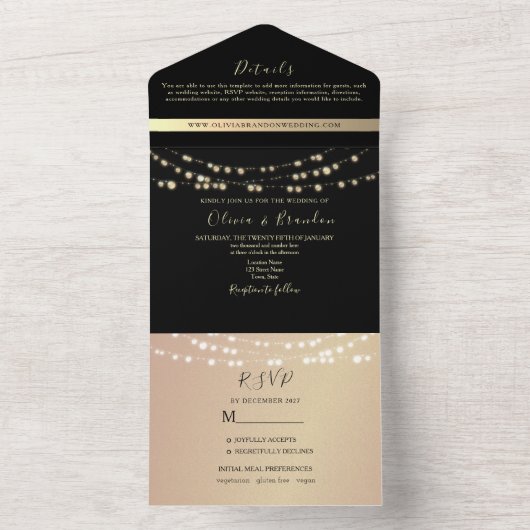 Elegante Schwarz-Gold-String-Lights Hochzeit All In One Einladung (Innen Boden)