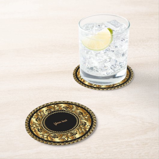 Elegante Schwarz-Gold-Vorlage, Runder Pappuntersetzer (Vor Ort)