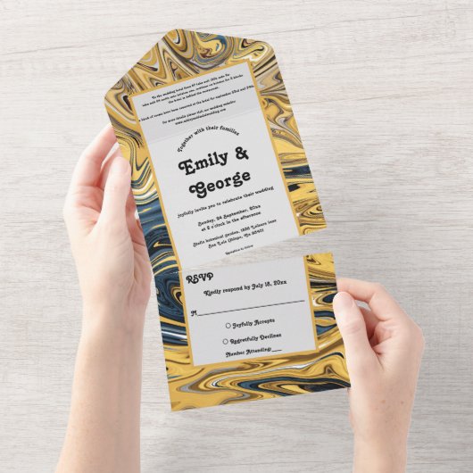 Elegante Schwarz-Gold-Waves Abstrakte Hochzeit All In One Einladung (Abreißen)