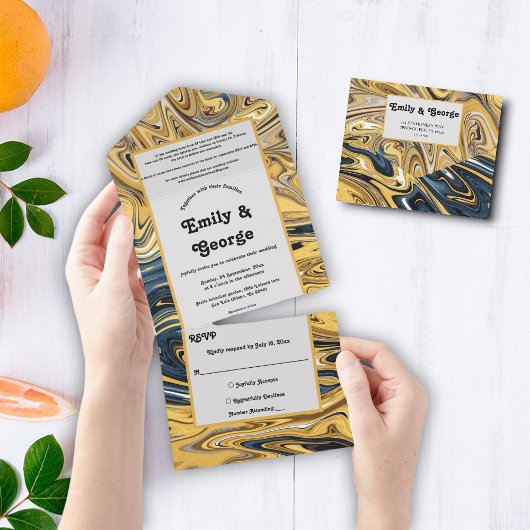 Elegante Schwarz-Gold-Waves Abstrakte Hochzeit All In One Einladung