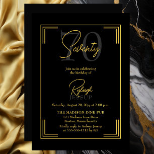 Elegante Schwarz-Goldene 70. Geburtstags-Art-Deco- Einladung