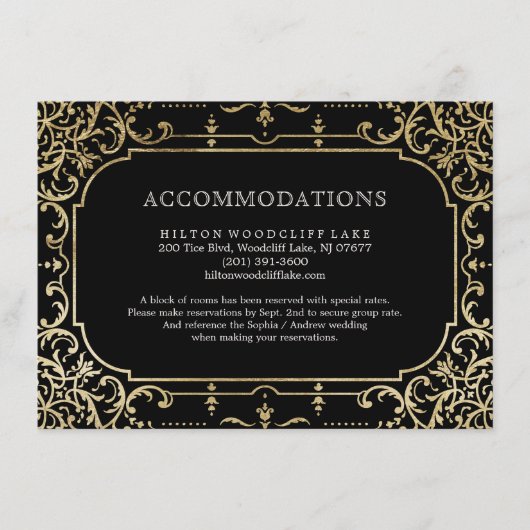 Elegante, schwarz-goldene Hochzeitsunterkunft Begleitkarte (Vorderseite)