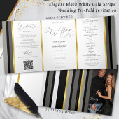 Elegante Schwarz-Grau-Streifen Typografie Hochzeit Dreifach Gefaltete Karte