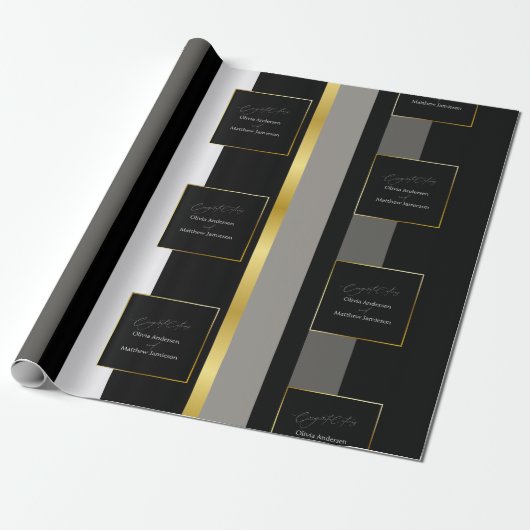 Elegante Schwarz-Grau-Streifen Typografie Hochzeit Geschenkpapier (Ungerollt)