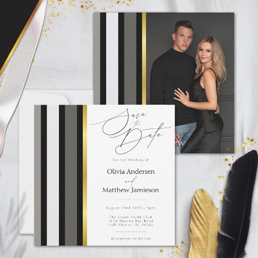 Elegante Schwarz-Grau-Streifen Typografie Hochzeit Save The Date