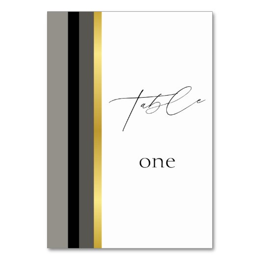 Elegante Schwarz-Grau-Streifen Typografie Hochzeit Tischnummer (Vorderseite)