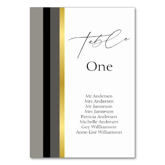 Elegante Schwarz-Grau-Streifen Typografie Hochzeit Tischnummer (Vorderseite)