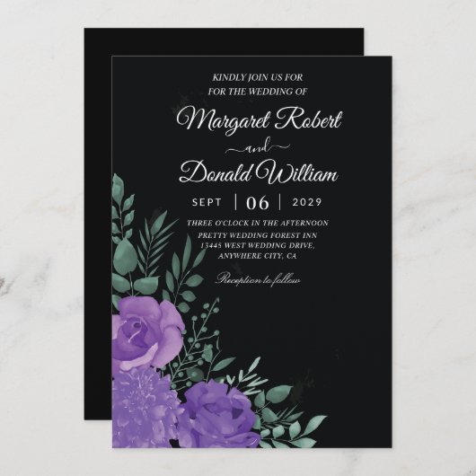Elegante Schwarz-lila Blumen-Hochzeit Einladung (Vorne/Hinten)