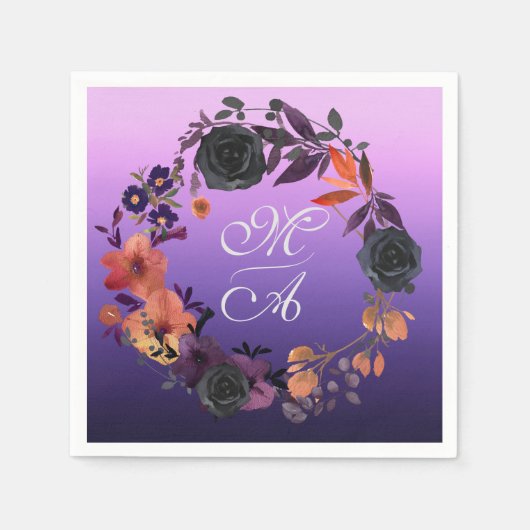 Elegante Schwarz-Lila-Flora-Monogramm-Hochzeit Serviette (Vorderseite)