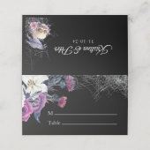 Elegante Schwarz Lila Gothic Bläserskulptur Hochze Platzkarte (Außenseite Aufgefaltet)