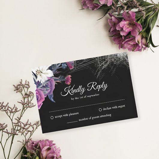 Elegante Schwarz Lila Gothic Bläserskulptur Hochze RSVP Karte