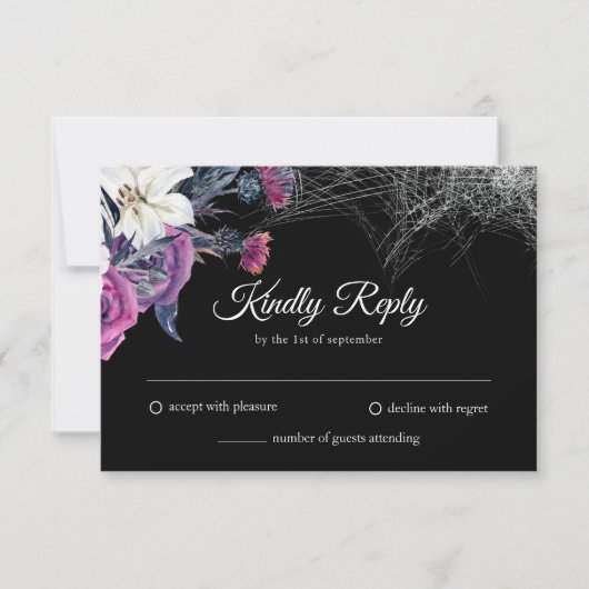 Elegante Schwarz Lila Gothic Bläserskulptur Hochze RSVP Karte (Vorderseite)