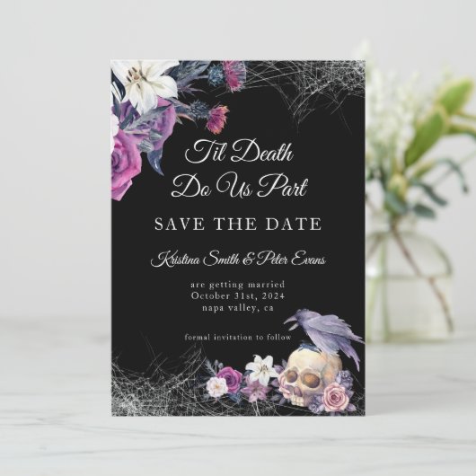 Elegante Schwarz Lila Gothic Bläserskulptur Hochze Save The Date (Stehend Vorderseite)