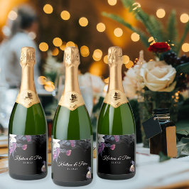 Elegante Schwarz Lila Gothic Bläserskulptur Hochze Schaumweinetikett