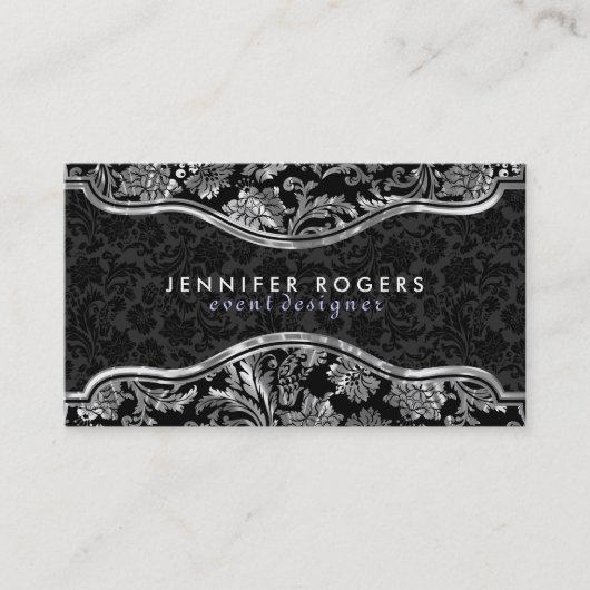 Elegante Schwarz/Metallisches Silber Vintage Damas Visitenkarte (Vorderseite)