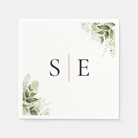 Elegante Schwarz Monogram Greenery Serviette (Vorderseite)