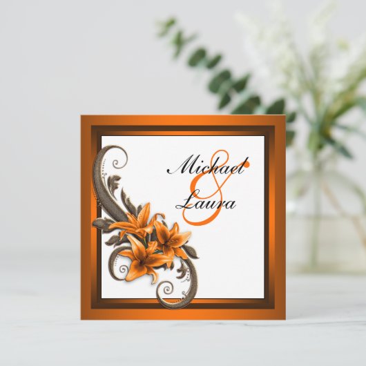 Elegante Schwarz-Orange-Asiatische Lily-Hochzeit Einladung (Stehend Vorderseite)