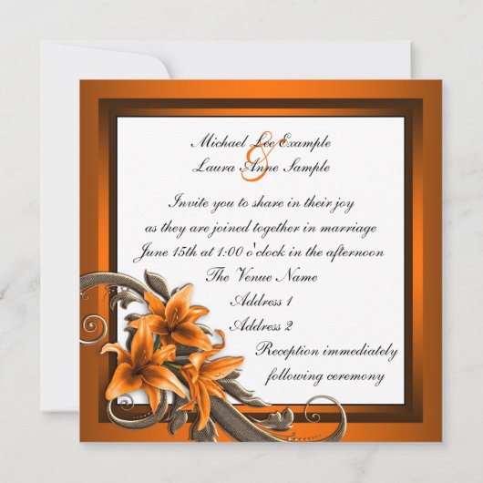 Elegante Schwarz-Orange-Asiatische Lily-Hochzeit Einladung (Rückseite)