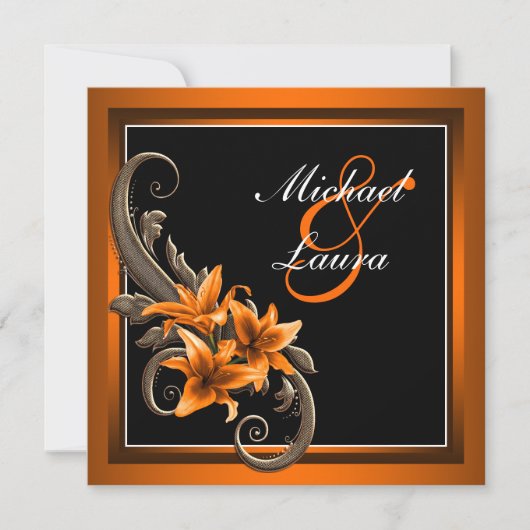 Elegante Schwarz-Orange-Asiatische Lily-Hochzeit Einladung (Vorderseite)