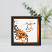 Elegante Schwarz-Orange-Asiatische Lily-Hochzeit Einladung (Stehend Vorderseite)