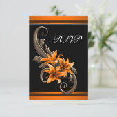 Elegante Schwarz-Orange-Asiatische Lily-Hochzeit RSVP Karte (Stehend Vorderseite)