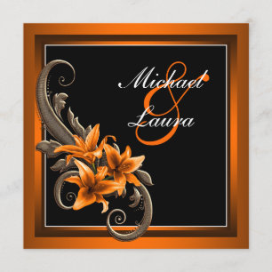 Elegante Schwarz-Orange-Lily-Hochzeit Einladung