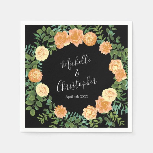Elegante Schwarz-Peach-Rose Hochzeit Serviette (Vorderseite)