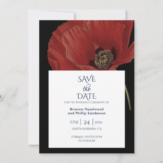 Elegante Schwarz-Poppy-Hochzeit speichern Sie das  Save The Date (Vorderseite)