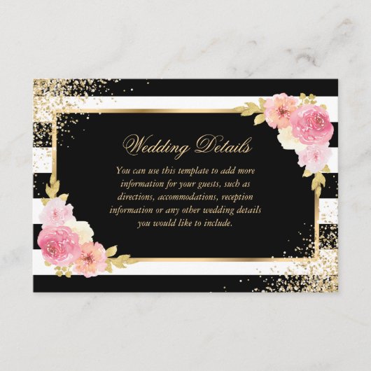 Elegante Schwarz Rosa Blumenzettel Details zur Hoc Begleitkarte (Vorderseite)
