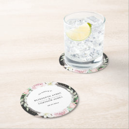 Elegante Schwarz-Rosa-Blütenhochzeit Runder Pappuntersetzer