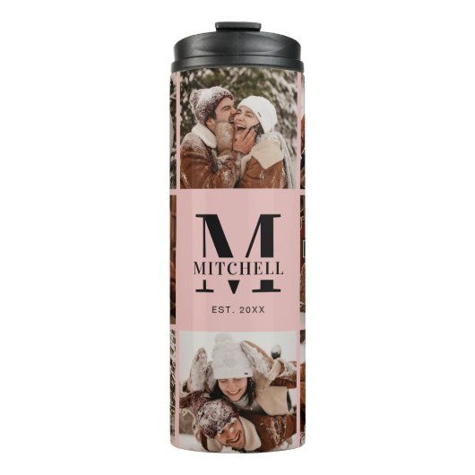 Elegante Schwarz-Rosa-Monogramm-FotoCollage Thermosbecher (Vorderseite)