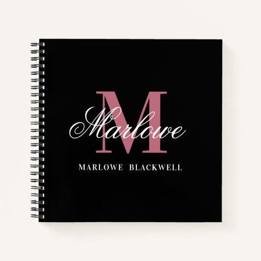 Elegante Schwarz-Rosa-Monogramm-Kalligraphie Notizblock (Vorderseite)