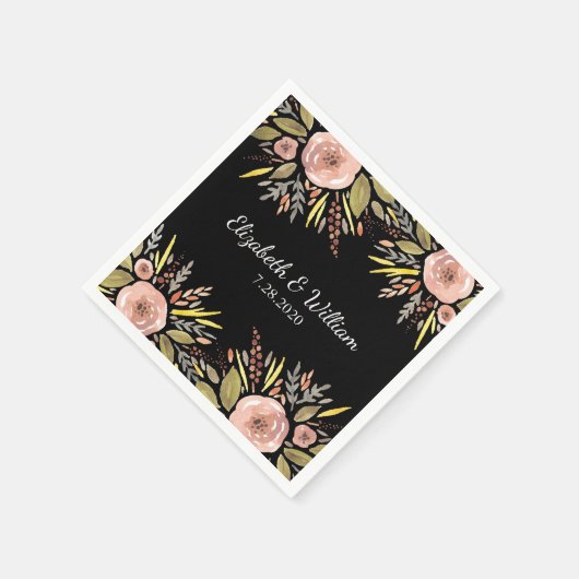 Elegante Schwarz-Rose-Wasserfarben-Hochzeit Serviette (Ecke)