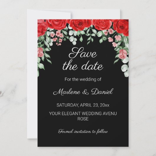 Elegante Schwarz-Rot-Blume Hochzeit Save The Date (Vorderseite)